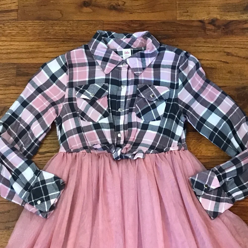 Girls Justice Pink / Black Plaid & Tulle Dress Size Medium 7 / 8 100% Polyester